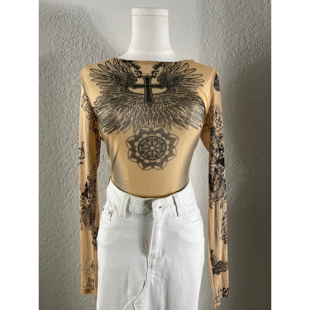 Fashion Nova Graphic Mesh Bodysuit Long Sleeve Tattoo Grunge Y2K Goth Biker Chic